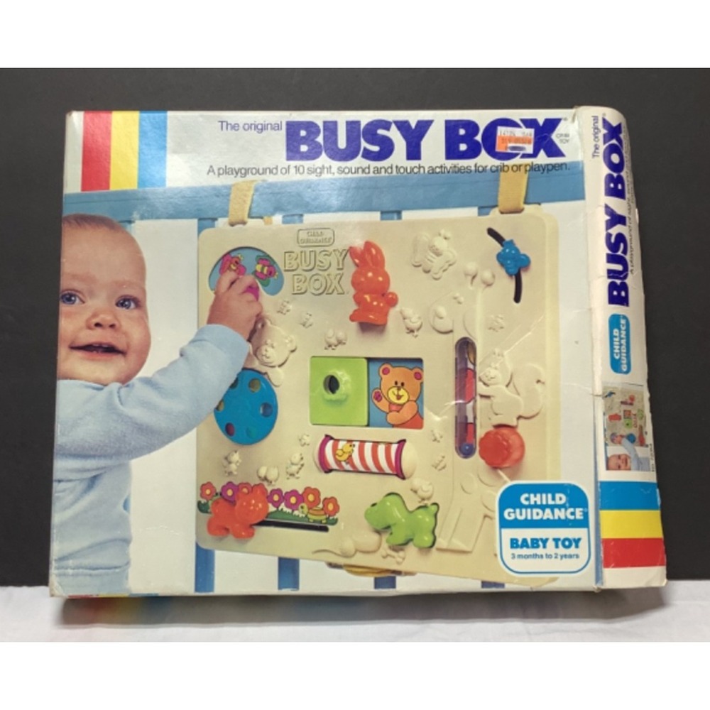 Vintage Child Guidance Busy Box Crib/Playpen Activity Toy 13"x14" in box Baby